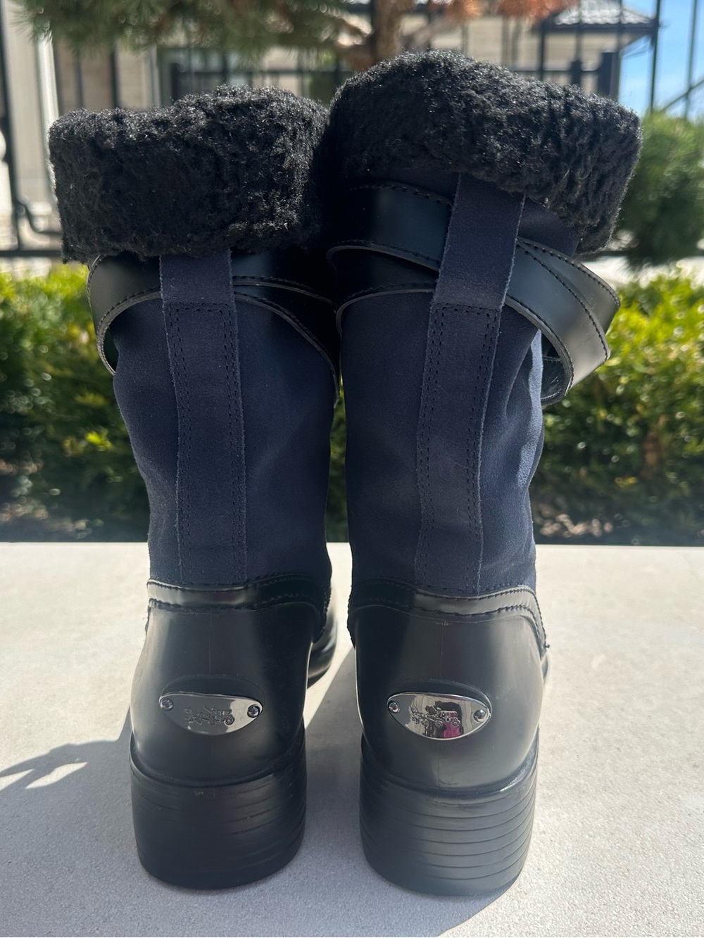 Coach Zena Black Rubber Leather Shearling Blue Suede Winter Rain Boots (Size 38) - Picture 3 of 7